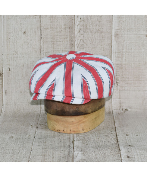 Sapca Model Newsboy Peaky Blinders Doch Alb Cu Dungi Rosu Si Bleumarin 